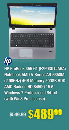 HP ProBook 455 G1 (F2P93UT#ABA) Notebook AMD A-Series A6-5350M (2.90GHz) 4GB Memory 500GB HDD AMD Radeon HD 8450G 15.6" Windows 7 Professional 64-bit (with Win8 Pro License)