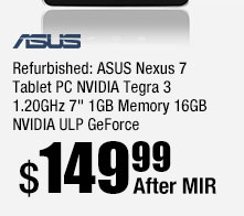 ASUS Nexus 7 Tablet PC NVIDIA Tegra 3 1.20GHz 7" 1 GB Memory 16GB NVIDIA ULP GeForce.