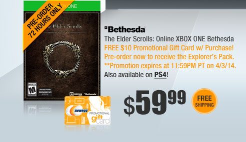 The Elder Scrolls: Online XBOX ONE Bethesda. FREE $10 Promotional Gift Card w/ Purchase! Pre-order now to receive the Explorer’s Pack. 