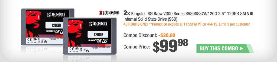 2X - Kingston SSDNow V300 Series SV300S37A/120G 2.5" 120GB SATA III Internal Solid State Drive (SSD)