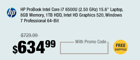 HP ProBook Intel Core i7 6500U (2.50 GHz) 15.6" Laptop, 8GB Memory, 1TB HDD, Intel HD Graphics 520, Windows 7 Professional 64-Bit