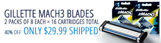 GILLETTE MACH3 BLADES. 2PACKS OF 8 EACH = 16 CARTRIDGES TOTAL. 40% OFF - ONLY $29.99 SHIPPED.