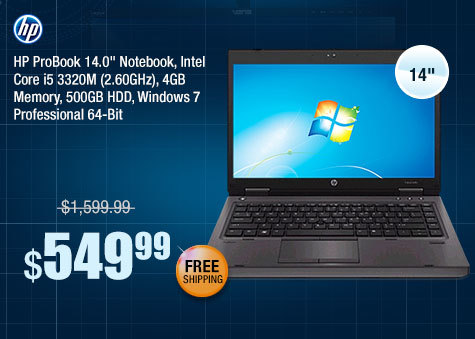 HP ProBook 14.0" Notebook, Intel Core i5 3320M (2.60GHz), 4GB Memory, 500GB HDD, Windows 7 Professional 64-Bit