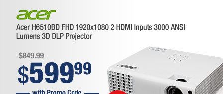 Acer H6510BD FHD 1920x1080 2 HDMI Inputs 3000 ANSI Lumens 3D DLP Projector