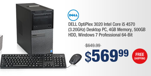 DELL OptiPlex 3020 Intel Core i5 4570 (3.20GHz) Desktop PC, 4GB Memory, 500GB HDD, Windows 7 Professional 64-Bit 