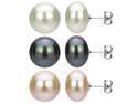 La Regis Jewelry S3E-446-1-99 Sterling Silver 3 Pair Cultured Freshwater Pearl Stud Earring - White & Black & Pink
