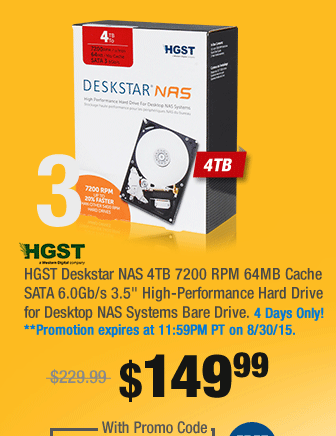 HGST Deskstar NAS 4TB 7200 RPM 64MB Cache SATA 6.0Gb/s 3.5" High-Performance Hard Drive for Desktop NAS Systems Bare Drive