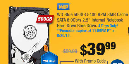 WD Blue 500GB 5400 RPM 8MB Cache SATA 6.0Gb/s 2.5" Internal Notebook Hard Drive Bare Drive
