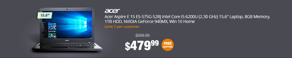 Acer Aspire E 15 E5-575G-52RJ Intel Core i5 6200U (2.30 GHz) 15.6" Laptop, 8GB Memory, 1TB HDD, NVIDIA GeForce 940MX, Win 10 Home