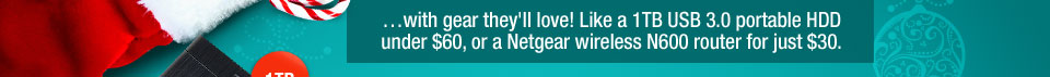 …with gear they'll love! Like a 1TB USB 3.0 portable HDD under $60,or a Netgear wireless N600 router for just $30.  