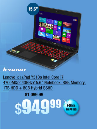 Lenovo IdeaPad Y510p Intel Core i7 4700MQ(2.40GHz)15.6" Notebook, 8GB Memory, 1TB HDD + 8GB Hybrid SSHD