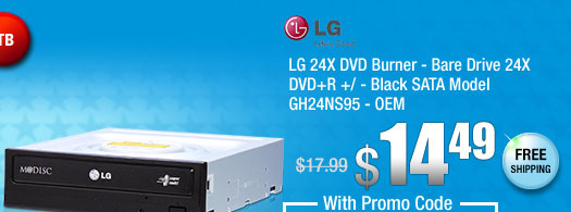 LG 24X DVD Burner - Bare Drive 24X DVD+R +/ - Black SATA Model GH24NS95 - OEM