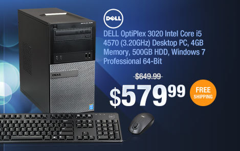 DELL OptiPlex 3020 Intel Core i5 4570 (3.20GHz) Desktop PC, 4GB Memory, 500GB HDD, Windows 7 Professional 64-Bit