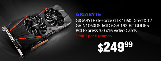 GIGABYTE GeForce GTX 1060 DirectX 12 GV-N1060D5-6GD 6GB 192-Bit GDDR5 PCI Express 3.0 x16 Video Cards