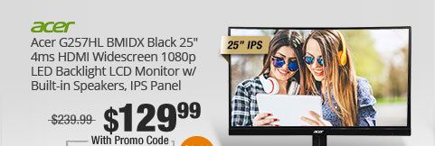 Acer G257HL BMIDX Black 25" 4ms HDMI Widescreen 1080p LED Backlight LCD Monitor w/ Built-in Speakers, IPS Panel