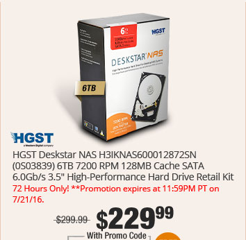 HGST Deskstar NAS H3IKNAS600012872SN (0S03839) 6TB 7200 RPM 128MB Cache SATA 6.0Gb/s 3.5" High-Performance Hard Drive Retail Kit