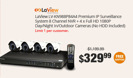 LaView LV-KN988P84A4 Premium IP Surveillance System 8 Channel NVR + 4 x Full HD 1080P Day/Night In/Outdoor Cameras (No HDD Included)