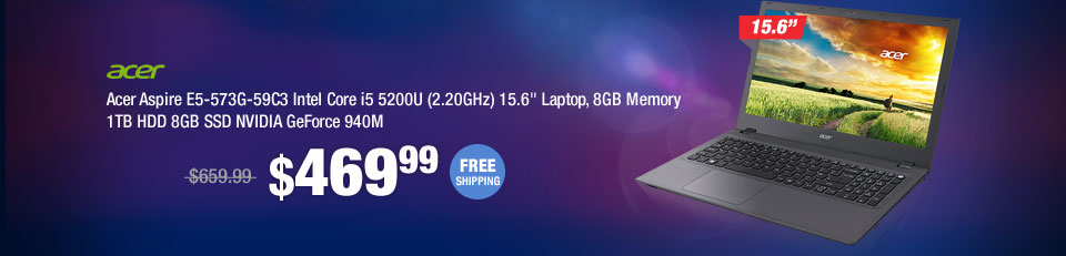 Acer Aspire E5-573G-59C3 Intel Core i5 5200U (2.20GHz) 15.6" Laptop, 8GB Memory 1TB HDD 8GB SSD NVIDIA GeForce 940M
