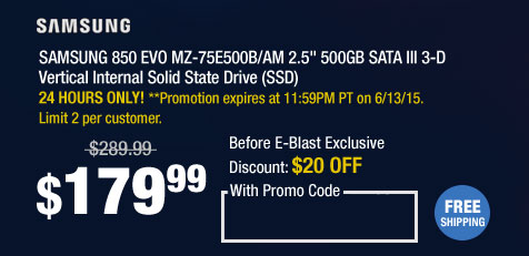 SAMSUNG 850 EVO MZ-75E500B/AM 2.5" 500GB SATA III 3-D Vertical Internal Solid State Drive (SSD)