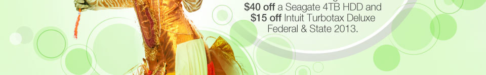 Celebrate savings like $40 off a Seagate 4TB HDD and  $15 off Intuit Turbotax Deluxe Federal & State 2013.