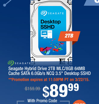 Seagate Hybrid Drive 2TB MLC/8GB 64MB Cache SATA 6.0Gb/s NCQ 3.5" Desktop SSHD