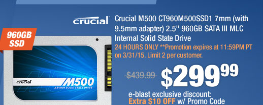 Crucial M500 CT960M500SSD1 7mm (with 9.5mm adapter) 2.5" 960GB SATA III MLC Internal Solid State Drive