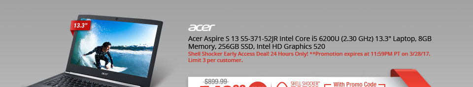 Acer Aspire S 13 S5-371-52JR Intel Core i5 6200U (2.30 GHz) 13.3" Laptop, 8GB Memory, 256GB SSD, Intel HD Graphics 520