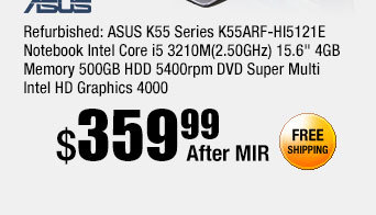Refurbished: ASUS K55 Series K55ARF-HI5121E Notebook Intel Core i5 3210M(2.50GHz) 15.6" 4GB Memory 500GB HDD 5400rpm DVD Super Multi Intel HD Graphics 4000