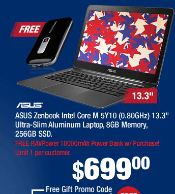 ASUS Zenbook Intel Core M 5Y10 (0.80GHz) 13.3" Ultra-Slim Aluminum Laptop, 8GB Memory, 256GB SSD