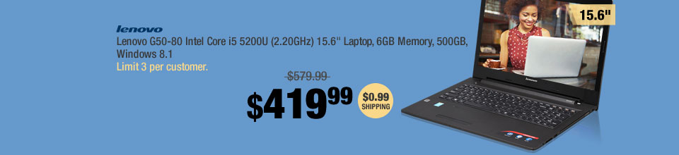 Lenovo G50-80 Intel Core i5 5200U (2.20GHz) 15.6" Laptop, 6GB Memory, 500GB