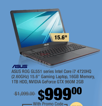 ASUS ROG GL551 series Intel Core i7 4720HQ (2.60GHz) 15.6" Gaming Laptop, 16GB Memory, 1TB HDD, NVIDIA GeForce GTX 960M 2GB