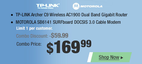 Combo: TP-LINK Archer C9 Wireless AC1900 Dual Band Gigabit Router; MOTOROLA SB6141 SURFboard DOCSIS 3.0 Cable Modem