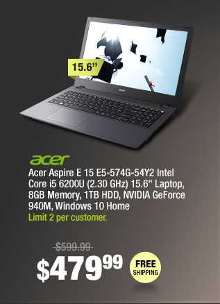 Acer Aspire E 15 E5-574G-54Y2 Intel Core i5 6200U (2.30 GHz) 15.6" Laptop, 8GB Memory, 1TB HDD, NVIDIA GeForce 940M, Windows 10 Home