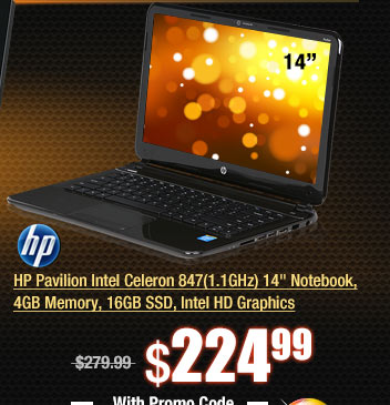 HP Pavilion Intel Celeron 847(1.1GHz) 14" Notebook, 4GB Memory, 16GB SSD, Intel HD Graphics  