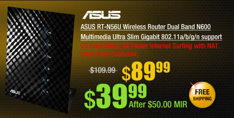 ASUS RT-N56U Wireless Router Dual Band N600 Multimedia Ultra Slim Gigabit 802.11a/b/g/n support