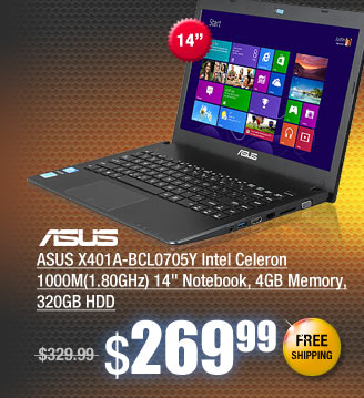 ASUS X401A-BCL0705Y Intel Celeron 1000M(1.80GHz) 14 inch Notebook, 4GB Memory, 320GB HDD