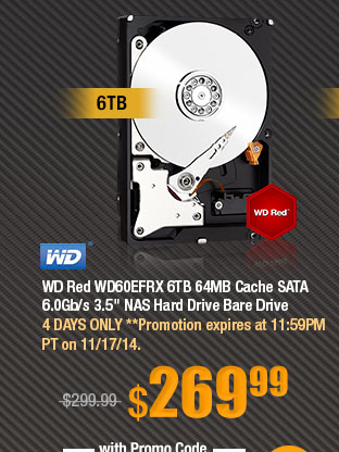 WD Red WD60EFRX 6TB 64MB Cache SATA 6.0Gb/s 3.5" NAS Hard Drive Bare Drive