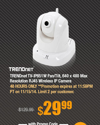 TRENDnet TV-IP651W Pan/Tilt, 640 x 480 Max Resolution RJ45 Wireless IP Camera