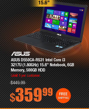 ASUS D550CA-RS31 Intel Core i3 3217U (1.80GHz) 15.6" Notebook, 6GB Memory, 500GB HDD