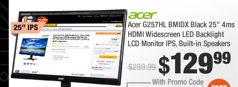 Acer G257HL BMIDX Black 25" 4ms HDMI Widescreen LED Backlight LCD Monitor IPS, Built-in Speakers