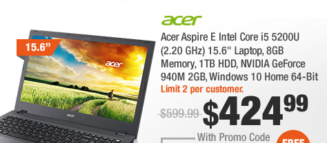 Acer Aspire E Intel Core i5 5200U (2.20 GHz) 15.6" Laptop, 8GB Memory, 1TB HDD NVIDIA, GeForce 940M 2GB, Windows 10 Home 64-Bit