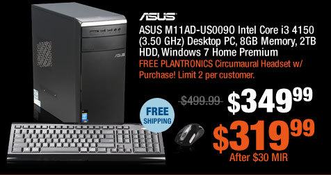 ASUS M11AD-US009O Intel Core i3 4150 (3.50 GHz) Desktop PC, 8GB Memory, 2TB HDD, Windows 7 Home Premium