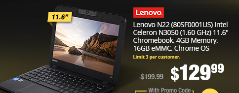 Lenovo N22 (80SF0001US) Intel Celeron N3050 (1.60 GHz) 11.6" Chromebook, 4GB Memory, 16GB eMMC, Chrome OS 