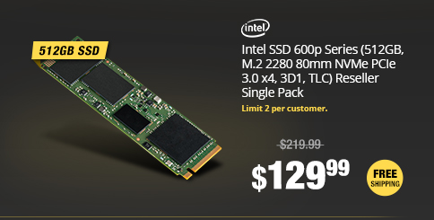 Intel SSD 600p Series (512GB, M.2 2280 80mm NVMe PCIe 3.0 x4, 3D1, TLC) Reseller Single Pack 