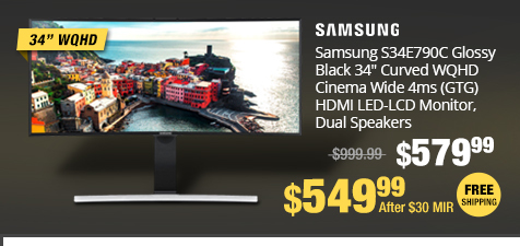 Samsung S34E790C Glossy Black 34" Curved WQHD Cinema Wide 4ms (GTG) HDMI LED-LCD Monitor w/ Built-in Speakers 