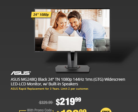 ASUS MG248Q Black 24" TN 1080p 144Hz 1ms(GTG) Widescreen LED-LCD Monitor, w/ Built-in Speakers