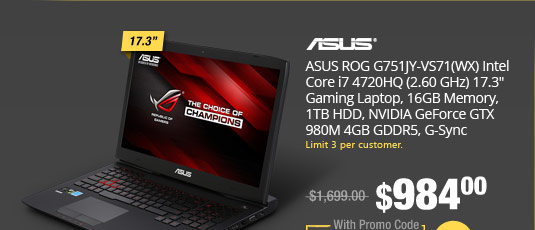 ASUS ROG G751JY-VS71(WX) Intel Core i7 4720HQ (2.60 GHz) 17.3" Gaming Laptop, 16GB Memory, 1TB HDD, NVIDIA GeForce GTX 980M 4GB GDDR5, G-Sync