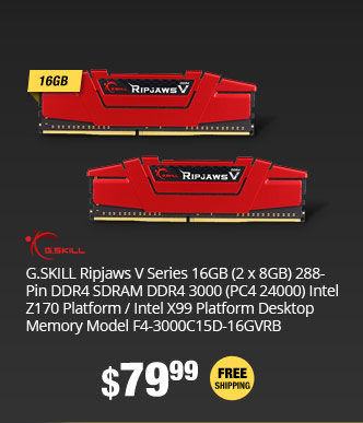 G.SKILL Ripjaws V Series 16GB (2 x 8GB) DDR4 3000 (PC4 24000) Intel Z170 / Intel X99 Platform Desktop Memory Model F4-3000C15D-16GVRB