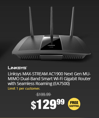 Linksys MAX-STREAM AC1900 Next Gen MU-MIMO Dual-Band Smart Wi-Fi Gigabit Router with Seamless Roaming (EA7500)