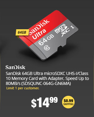 SanDisk 64GB Ultra microSDXC UHS-I/Class 10 Memory Card with Adapter, Speed Up to 80MB/s (SDSQUNC-064G-GN6MA)